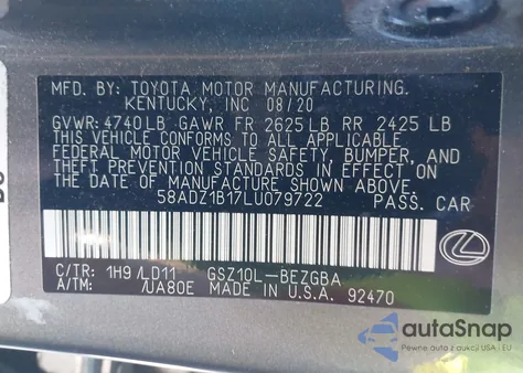 2020 Lexus Es 350 z USA, uszkodzony, nr VIN 58ADZ1B17LU079722